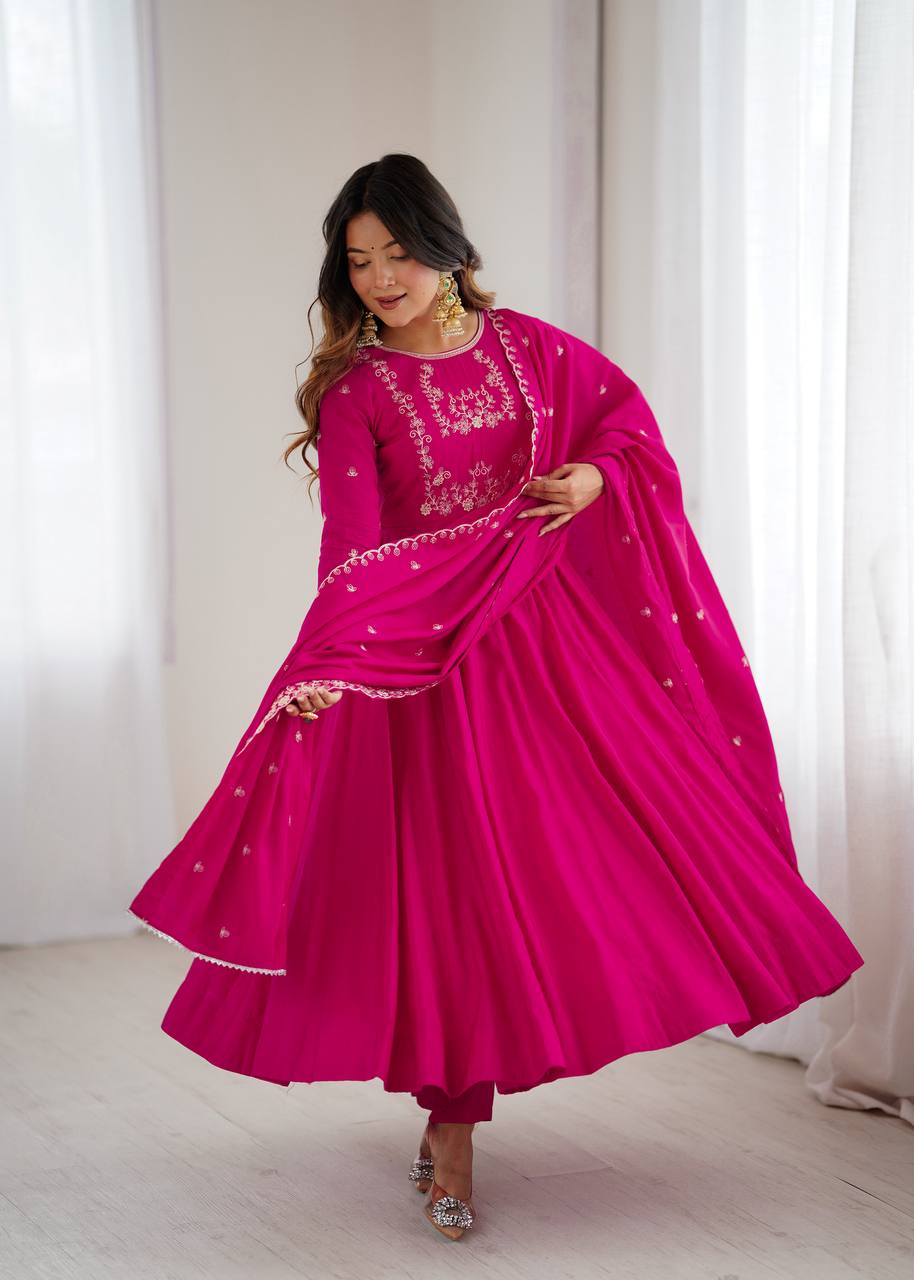 Dark Pink Luxury Roman Chanderi Silk Anarkali Gown Set with Hand Beads Work, 16-Kali Full Flare Design & Embroidered Dupatta