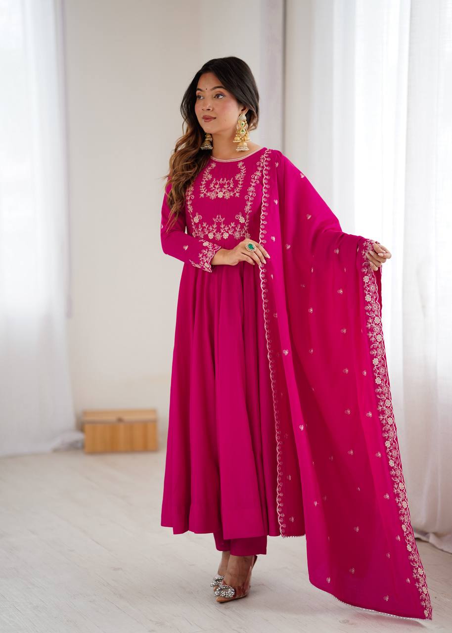 Dark Pink Luxury Roman Chanderi Silk Anarkali Gown Set with Hand Beads Work, 16-Kali Full Flare Design & Embroidered Dupatta