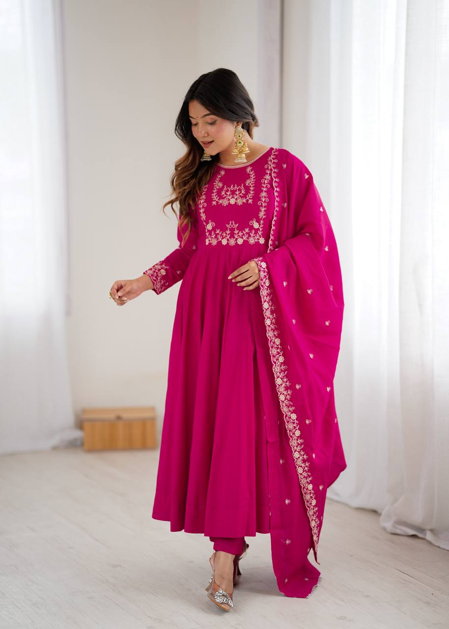 Dark Pink Luxury Roman Chanderi Silk Anarkali Gown Set with Hand Beads Work, 16-Kali Full Flare Design & Embroidered Dupatta