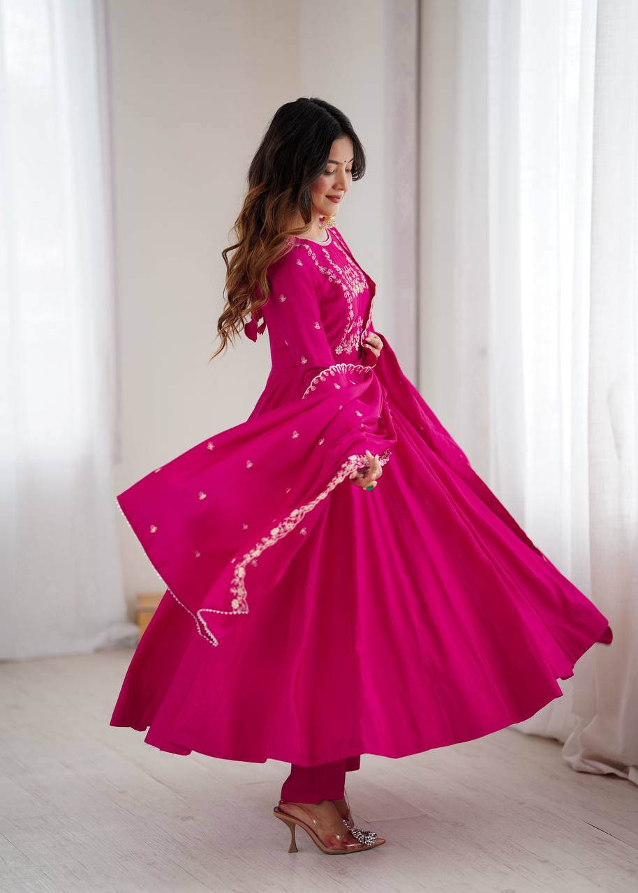 Dark Pink Luxury Roman Chanderi Silk Anarkali Gown Set with Hand Beads Work, 16-Kali Full Flare Design & Embroidered Dupatta