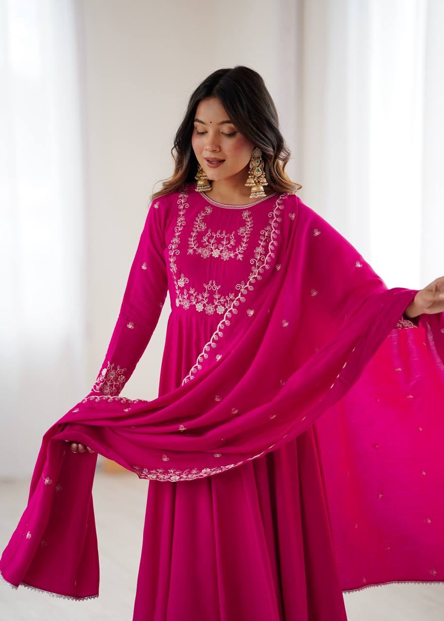 Dark Pink Luxury Roman Chanderi Silk Anarkali Gown Set with Hand Beads Work, 16-Kali Full Flare Design & Embroidered Dupatta