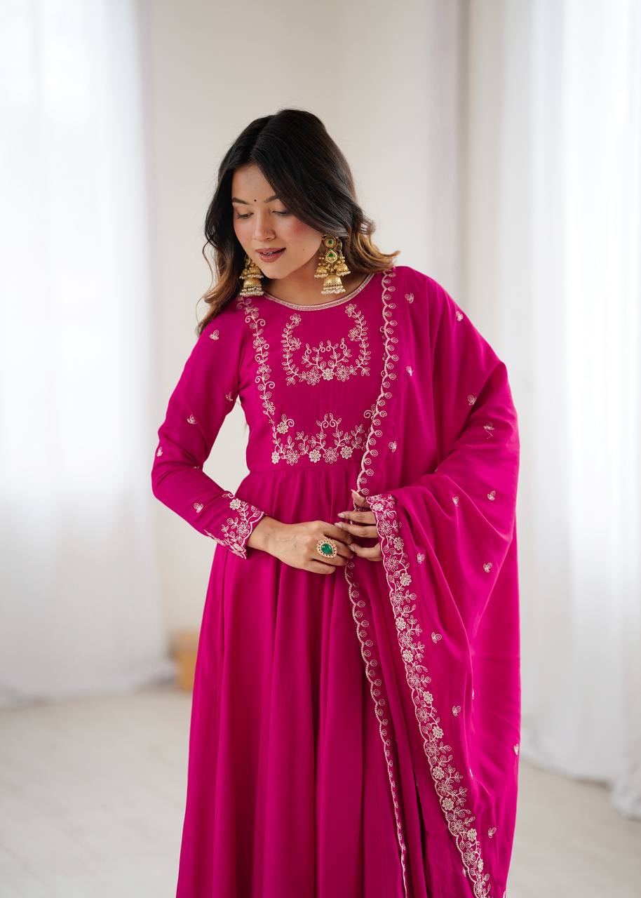 Dark Pink Luxury Roman Chanderi Silk Anarkali Gown Set with Hand Beads Work, 16-Kali Full Flare Design & Embroidered Dupatta