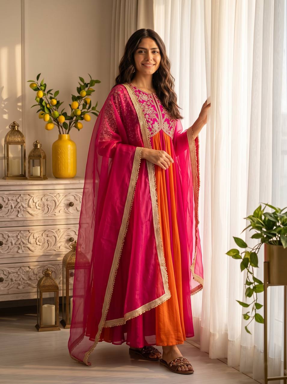 Dark Pink Moss Silk Gown Set