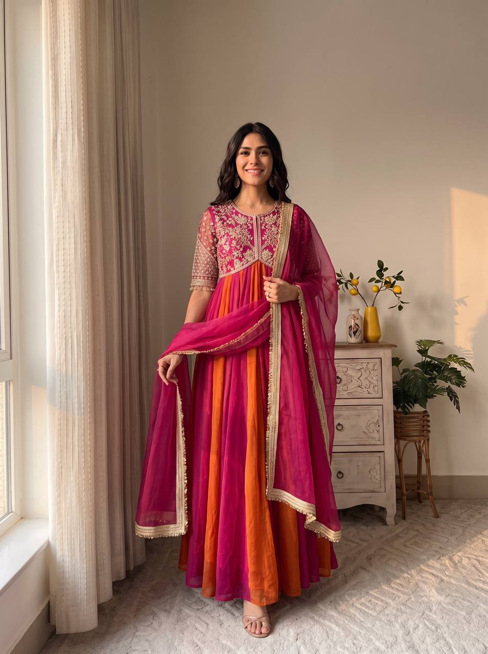 Dark Pink Moss Silk Gown Set