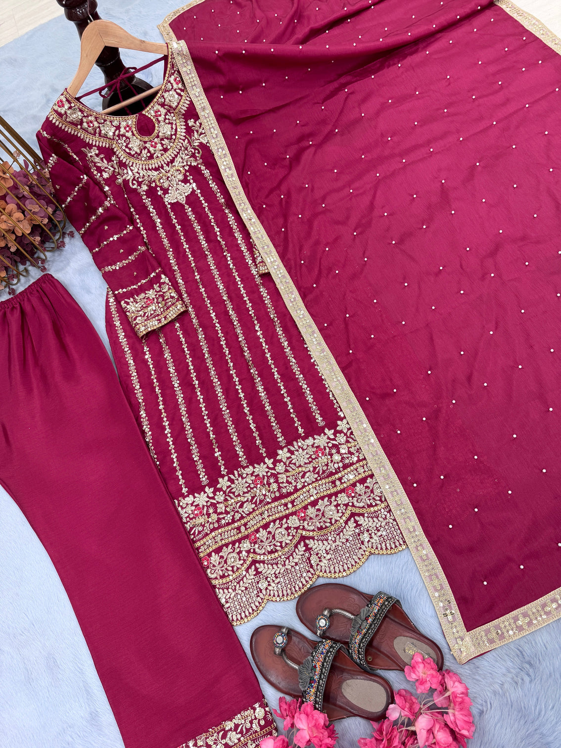 Dark Pink Premium Designer Readymade Top, Plazzo & Dupatta