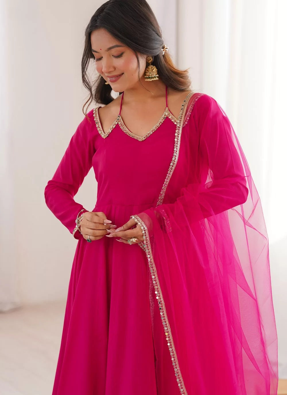 Dark pink roman silk chanderi anarkali suit with net dupatta for reception wear
