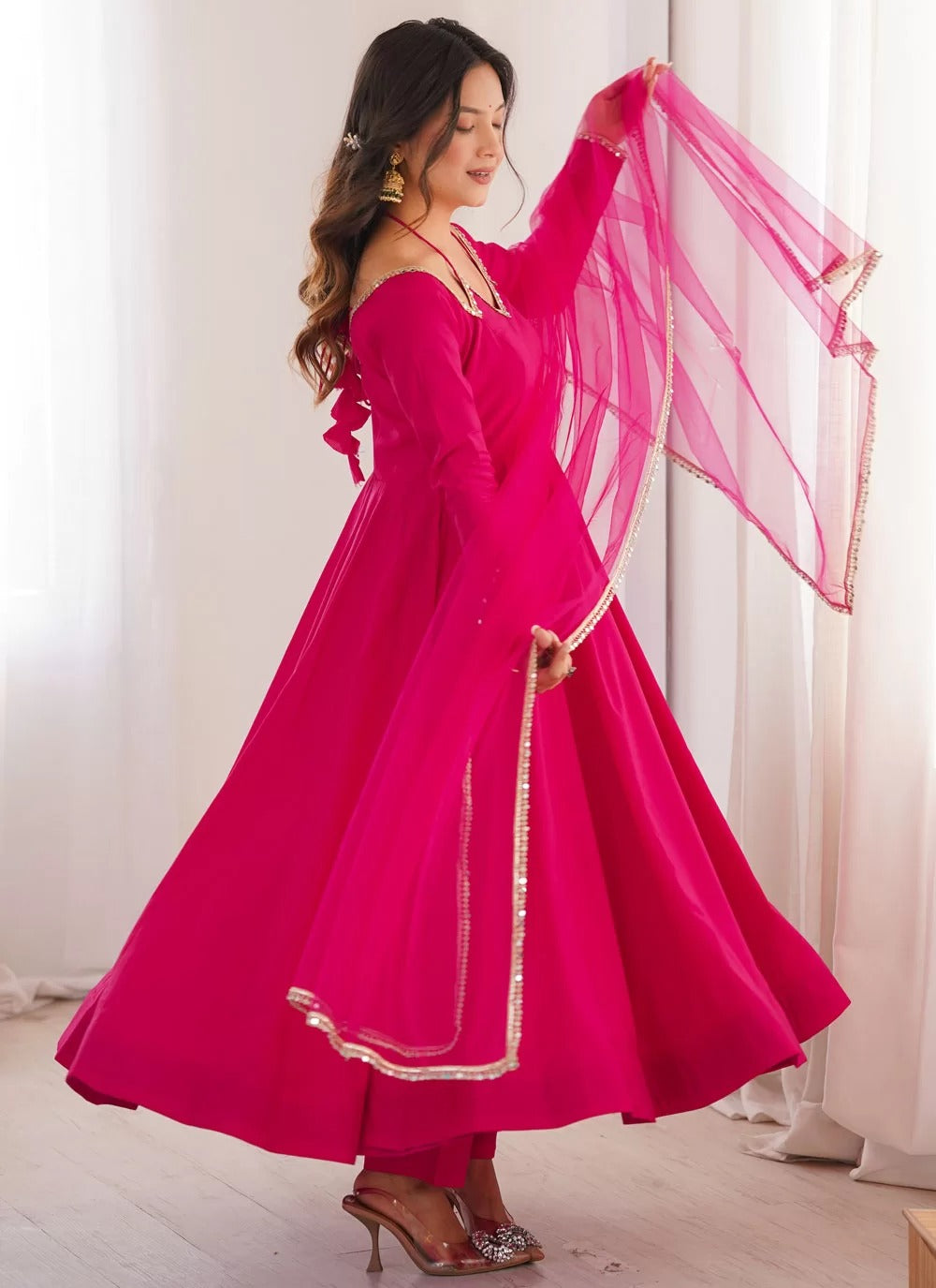 Dark pink roman silk chanderi anarkali suit with net dupatta for reception wear