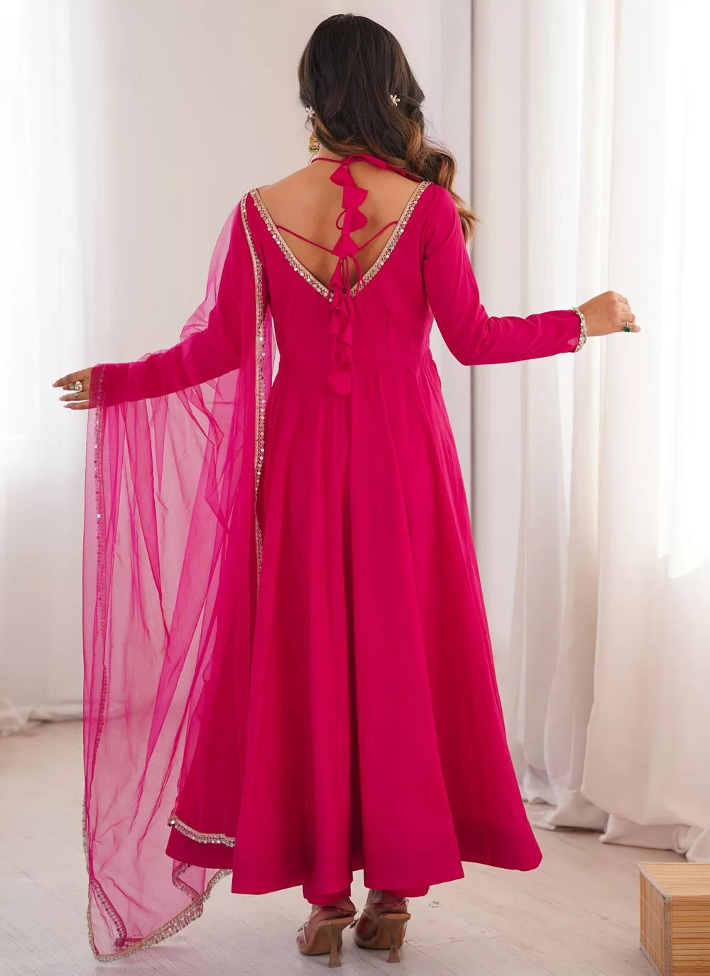 Dark pink roman silk chanderi anarkali suit with net dupatta for reception wear