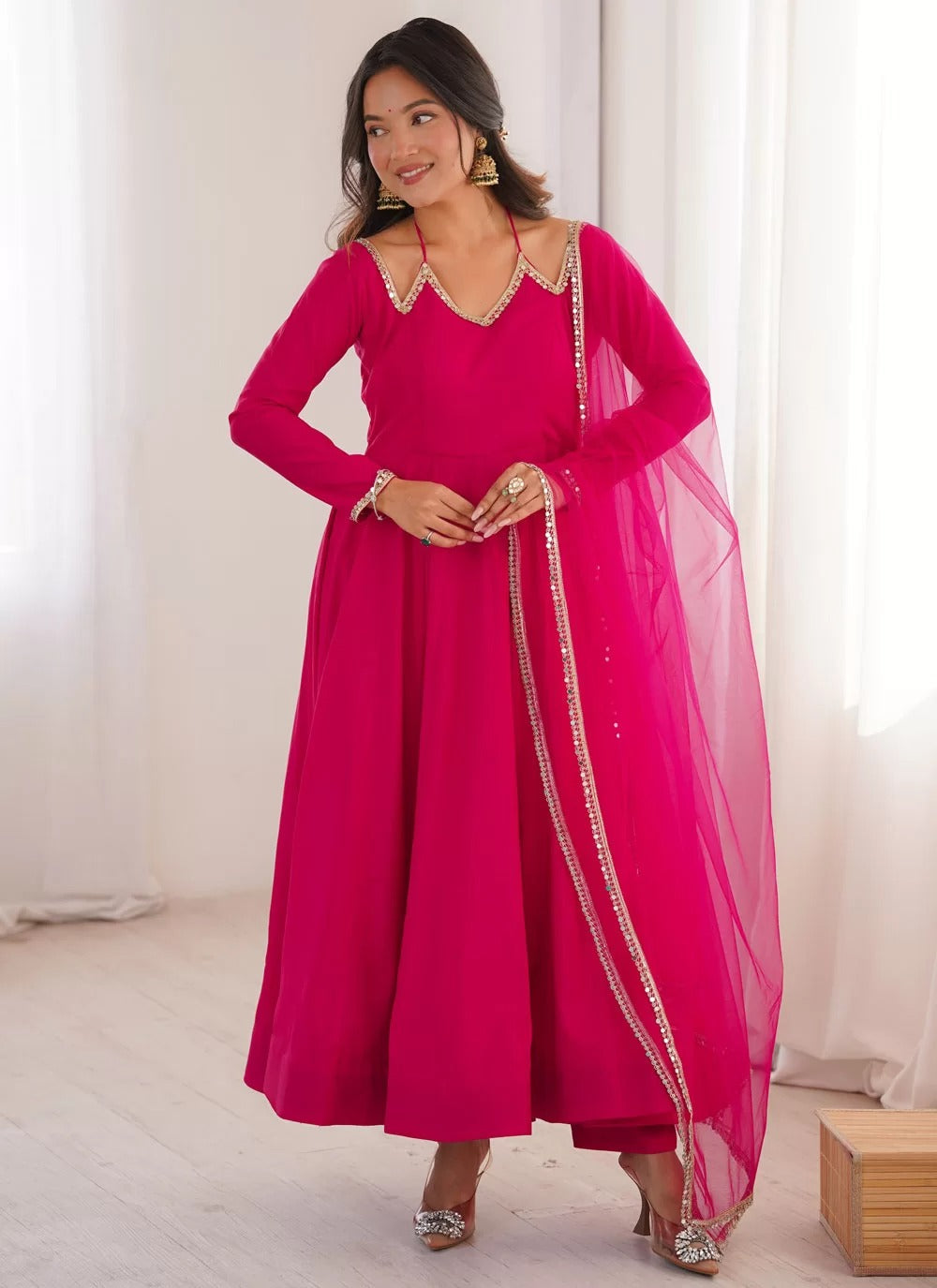 Dark pink roman silk chanderi anarkali suit with net dupatta for reception wear
