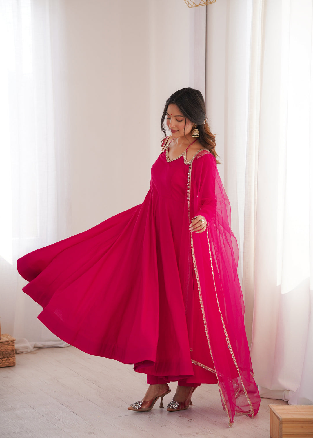 Dark Pink Silk Chanderi Anarkali Set