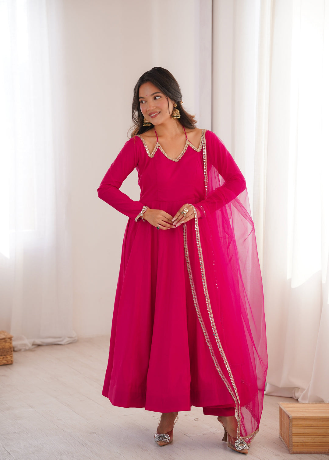 Dark Pink Silk Chanderi Anarkali Set