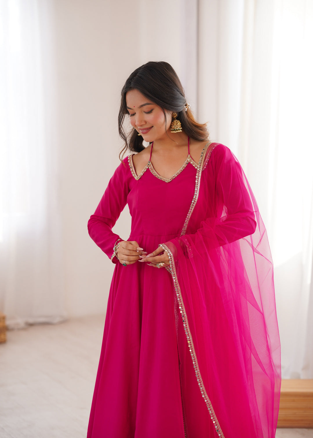 Dark Pink Silk Chanderi Anarkali Set