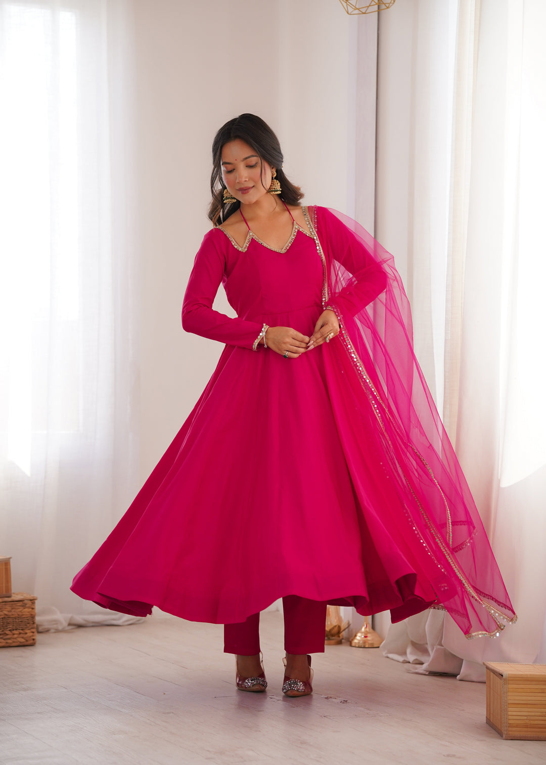 Dark Pink Silk Chanderi Anarkali Set