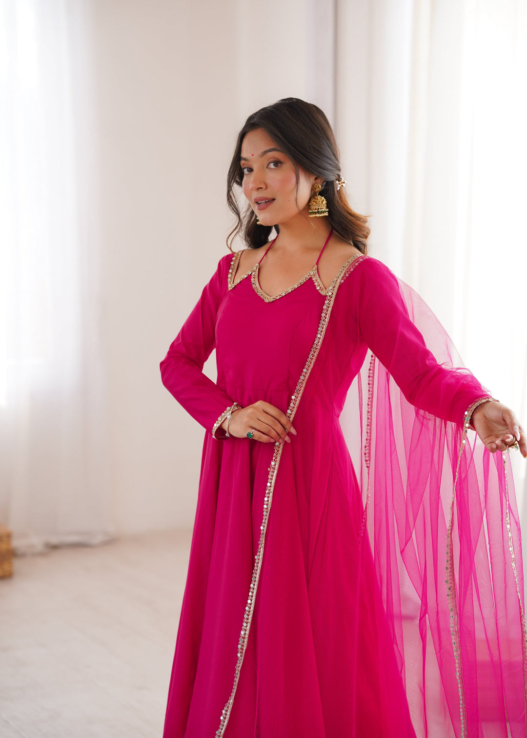 Dark Pink Silk Chanderi Anarkali Set
