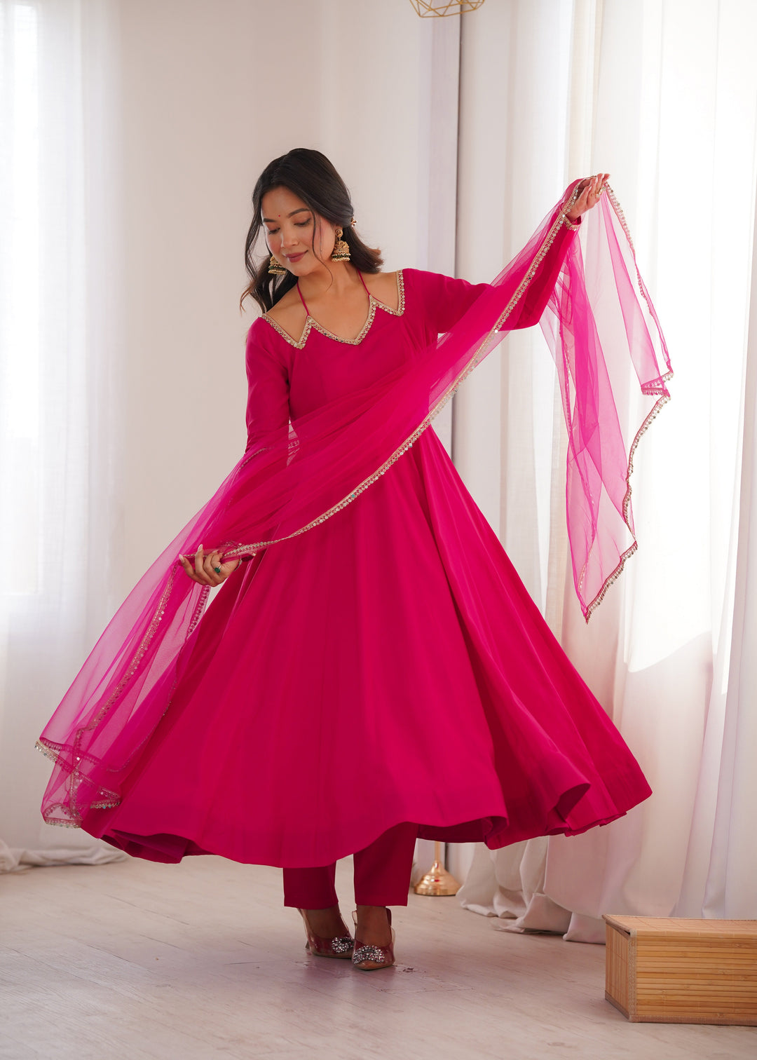 Dark Pink Silk Chanderi Anarkali Set