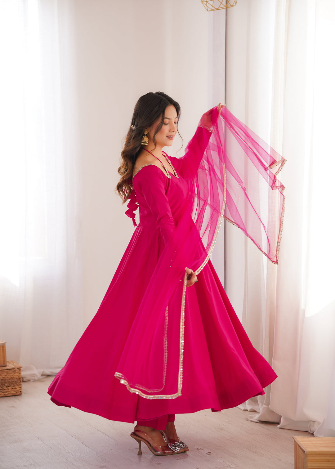 Dark Pink Silk Chanderi Anarkali Set