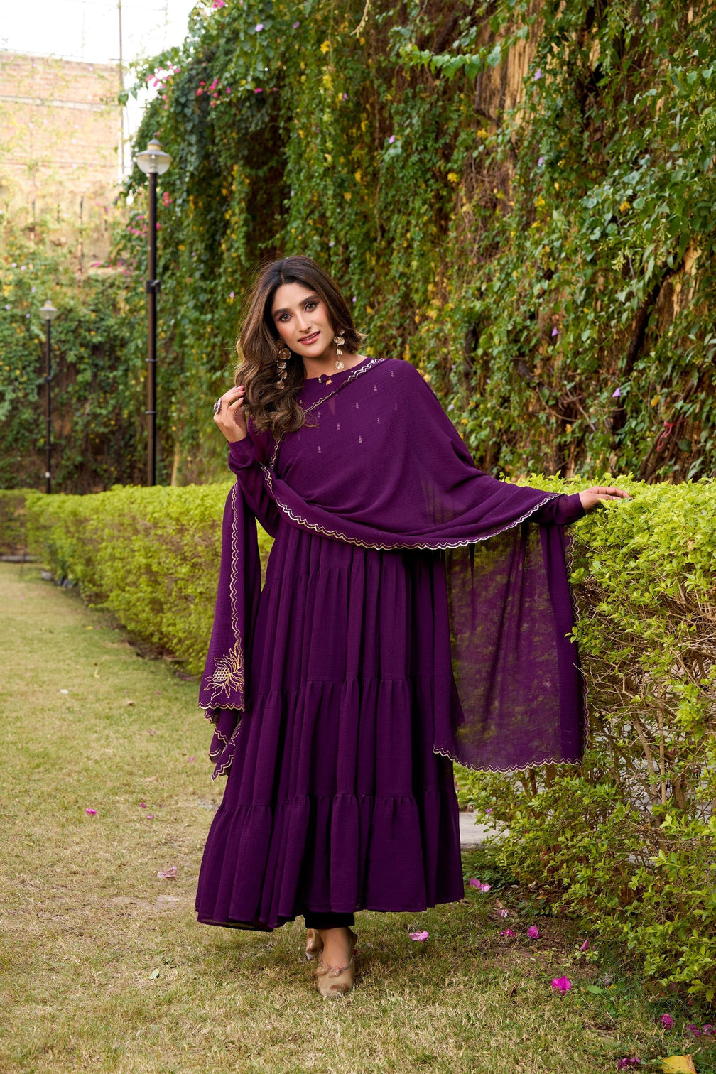 Dark Purple Designer Marble Foil Work Flared Dress Set