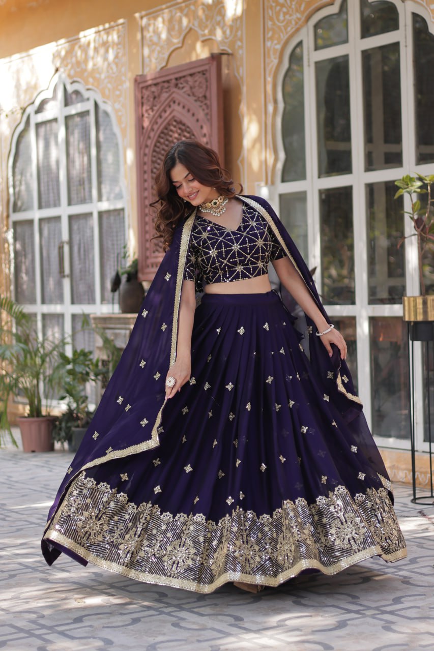 Dark Purple Elegant Designer Rangoli Silk Lehenga Choli with Sequins & Thread Embroidery