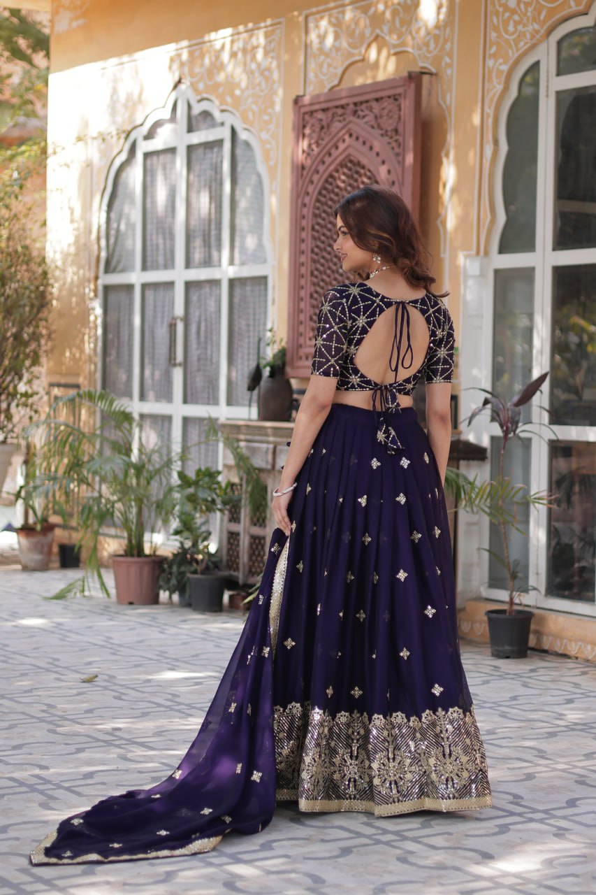 Dark Purple Elegant Designer Rangoli Silk Lehenga Choli with Sequins & Thread Embroidery