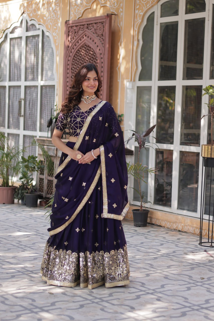 Dark Purple Elegant Designer Rangoli Silk Lehenga Choli with Sequins & Thread Embroidery