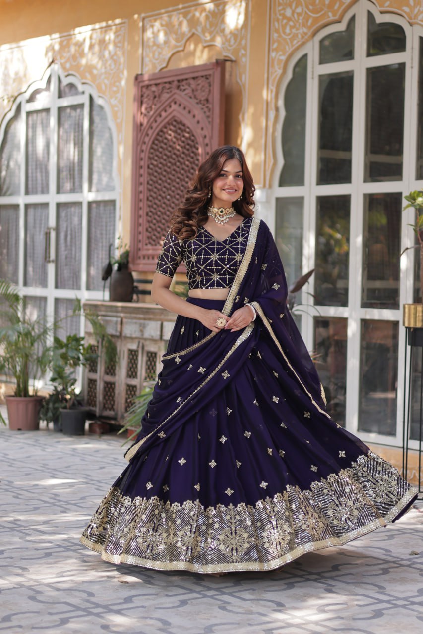 Dark Purple Elegant Designer Rangoli Silk Lehenga Choli with Sequins & Thread Embroidery