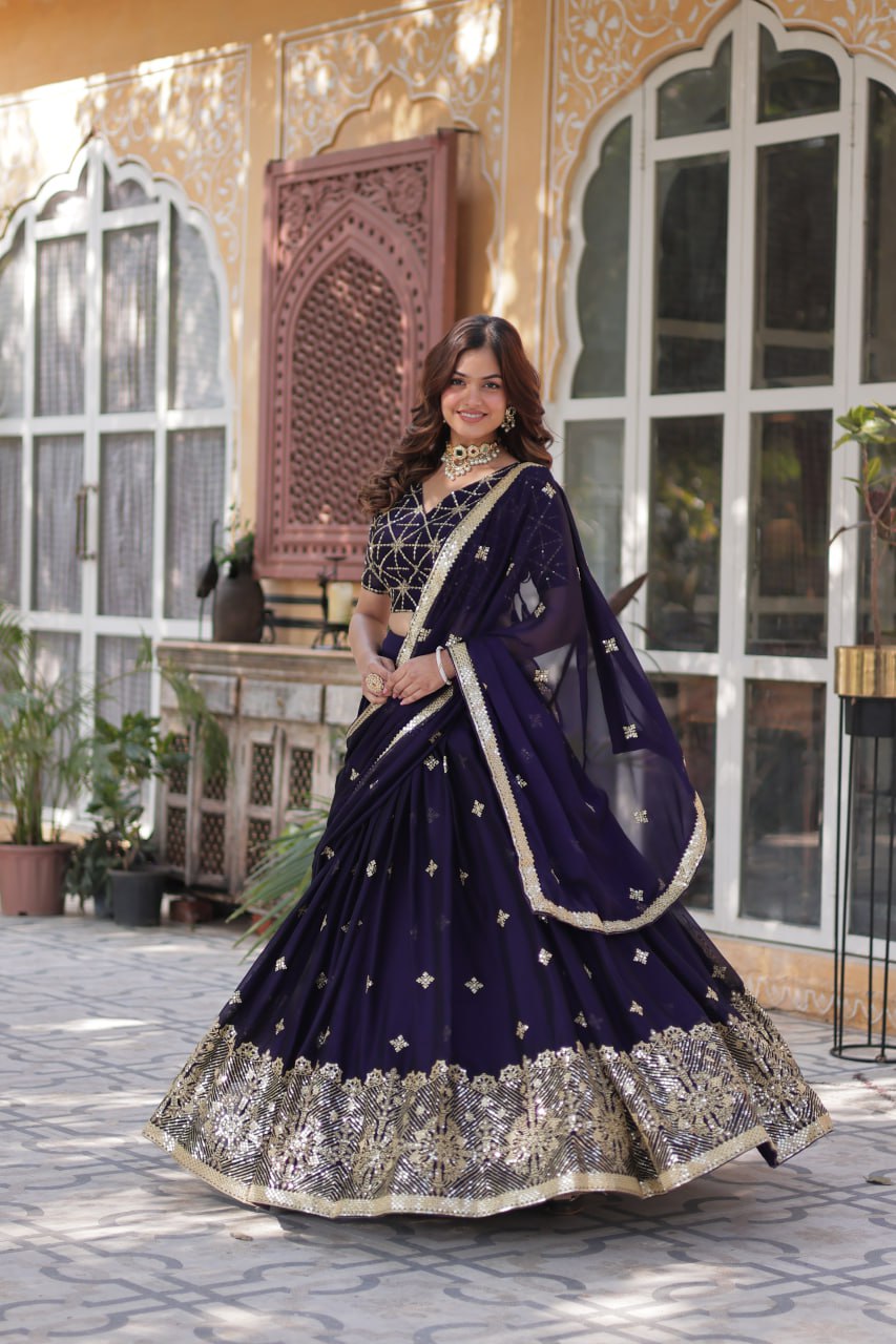 Dark Purple Elegant Designer Rangoli Silk Lehenga Choli with Sequins & Thread Embroidery