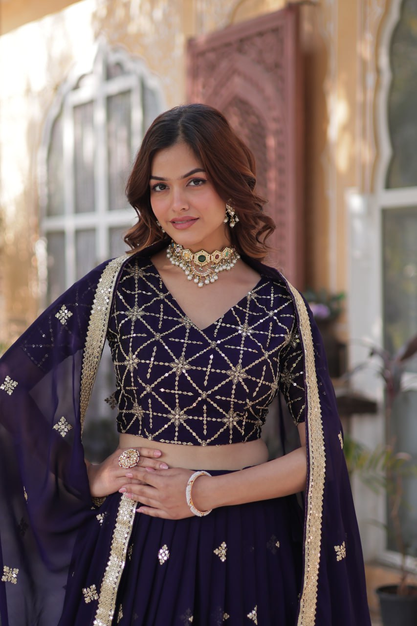Dark Purple Elegant Designer Rangoli Silk Lehenga Choli with Sequins & Thread Embroidery
