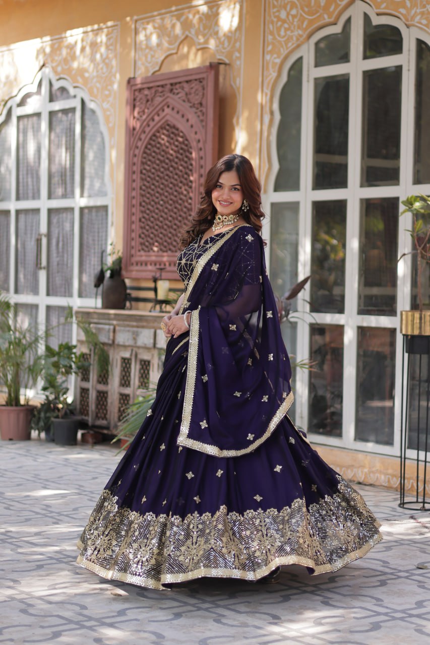Dark Purple Elegant Designer Rangoli Silk Lehenga Choli with Sequins & Thread Embroidery
