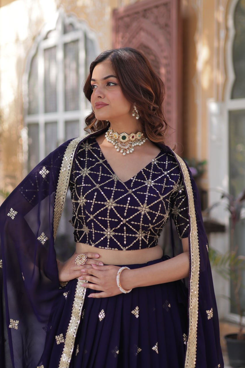 Dark Purple Elegant Designer Rangoli Silk Lehenga Choli with Sequins & Thread Embroidery