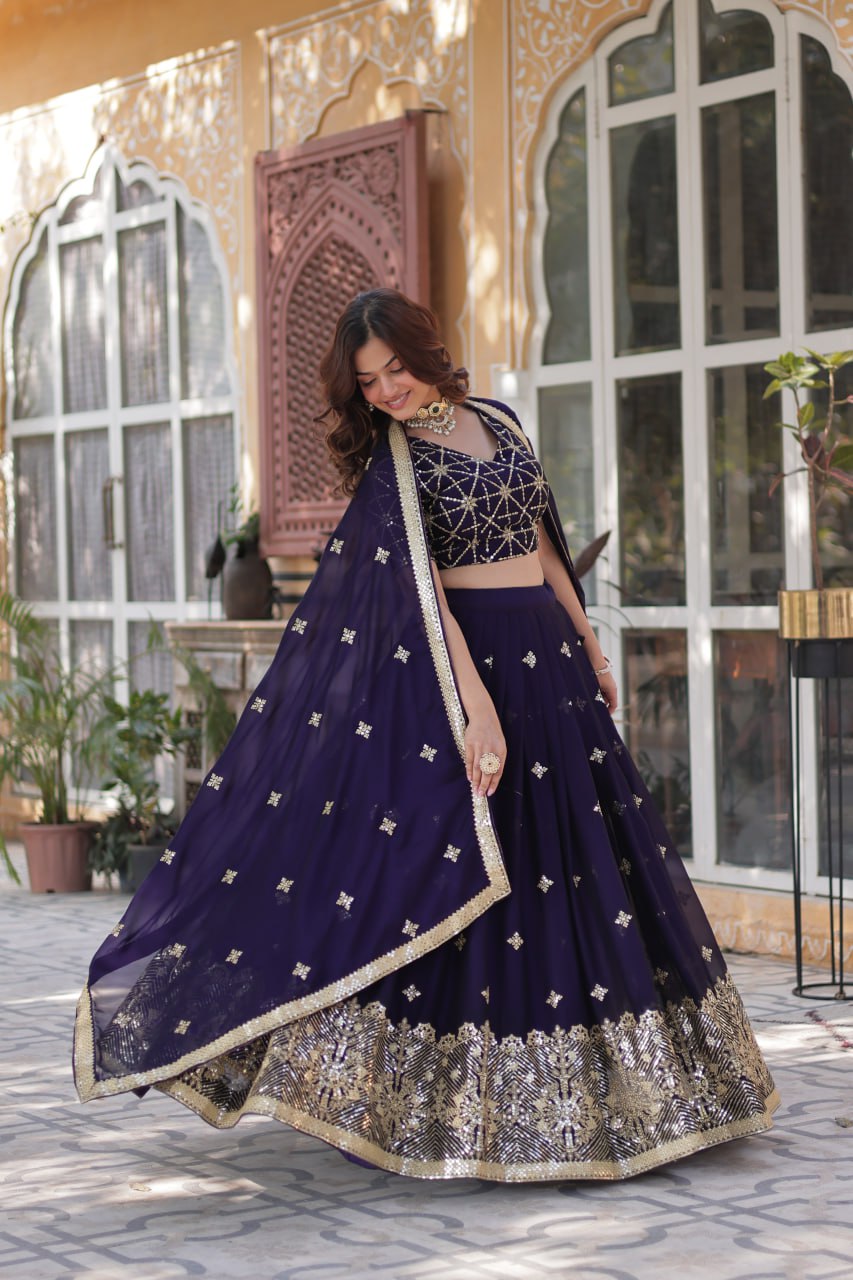 Dark Purple Elegant Designer Rangoli Silk Lehenga Choli with Sequins & Thread Embroidery