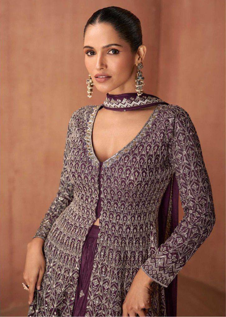 Dark Purple Elegant Embroidered Chinon Suit Set – Full Stitched