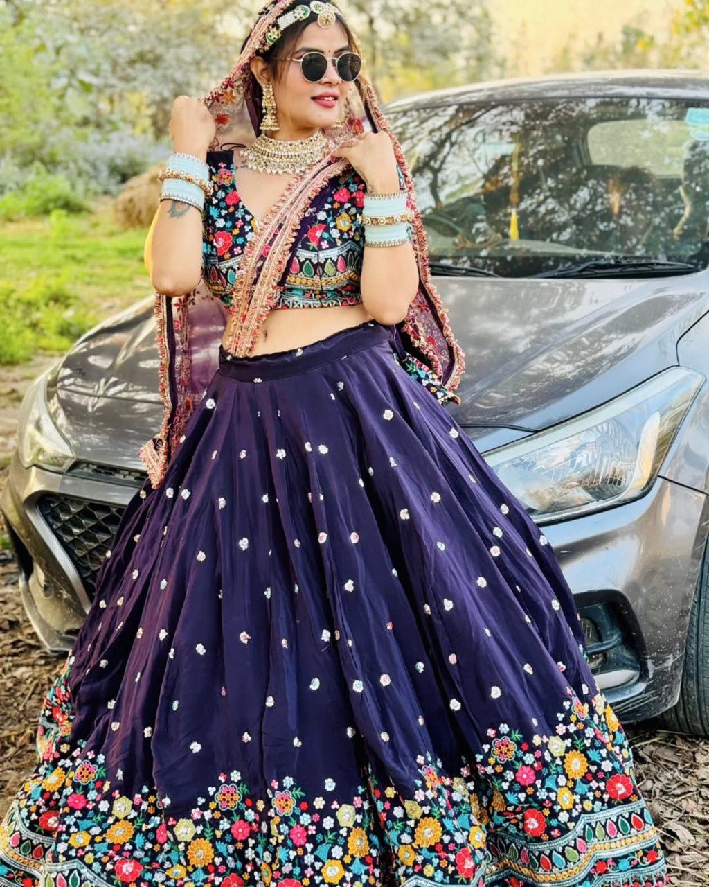 Dark Purple Elegant Faux Georgette Lehenga Choli with Thread and Sequin Work