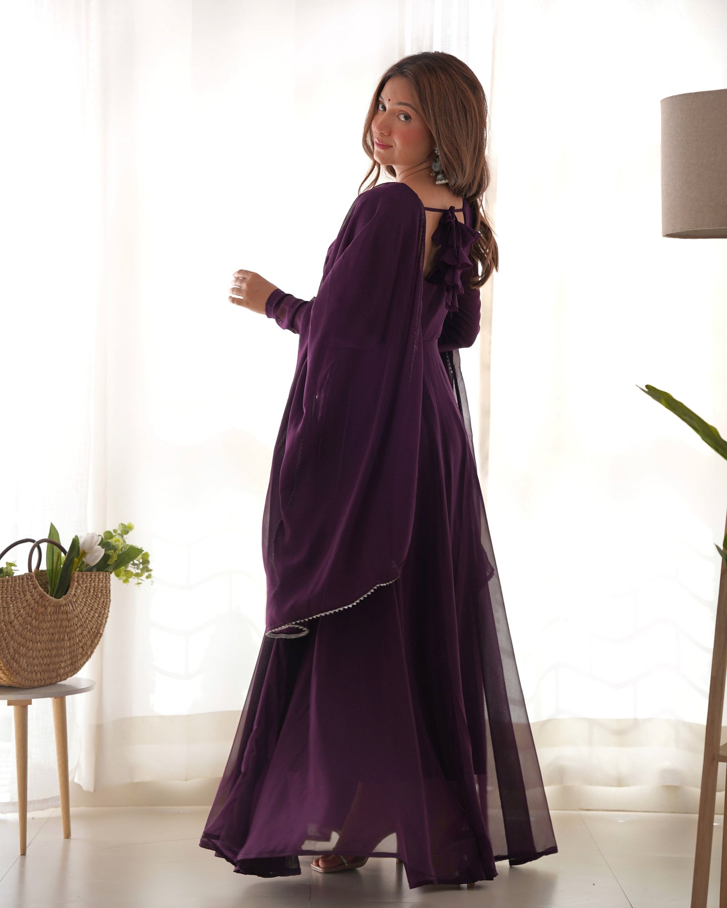 Dark Purple Elegant Georgette Anarkali Gown Set with Dupatta & Pants - Ready to Wear