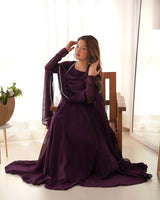 Dark Purple Elegant Georgette Anarkali Gown Set with Dupatta & Pants - Ready to Wear