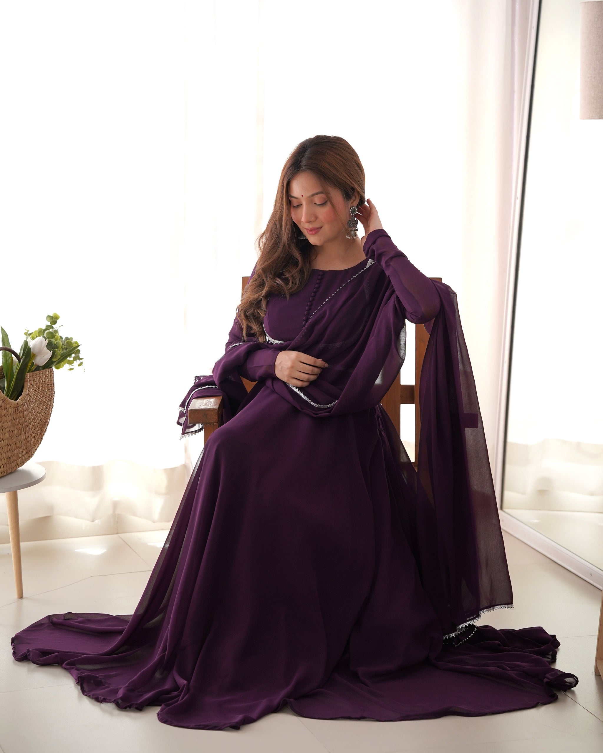 Dark Purple Elegant Georgette Anarkali Gown Set with Dupatta & Pants - Ready to Wear