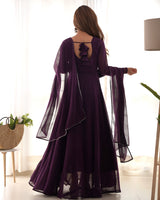 Dark Purple Elegant Georgette Anarkali Gown Set with Dupatta & Pants - Ready to Wear