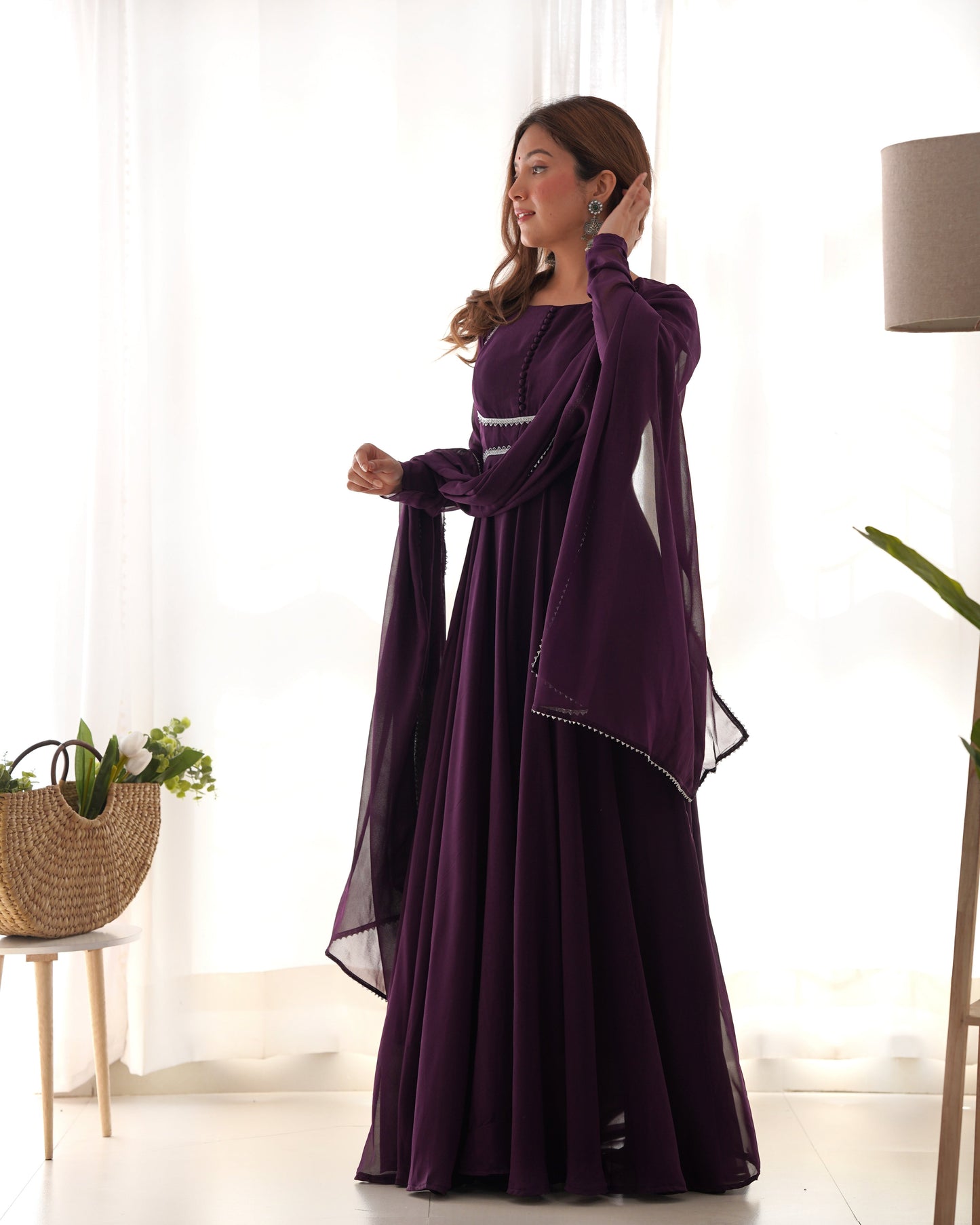 Dark Purple Elegant Georgette Anarkali Gown Set with Dupatta & Pants - Ready to Wear