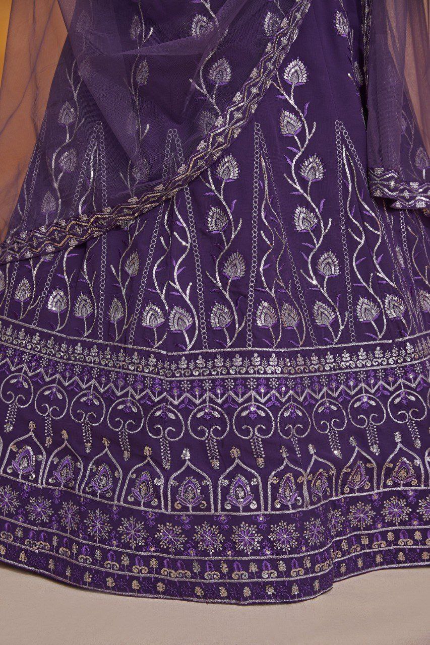 Purple Elegant Georgette Semi-Stitched Lehenga with Thread & Zari Sequins Embroidery, Unstitched Blouse, and Net Dupatta with Lace Border
