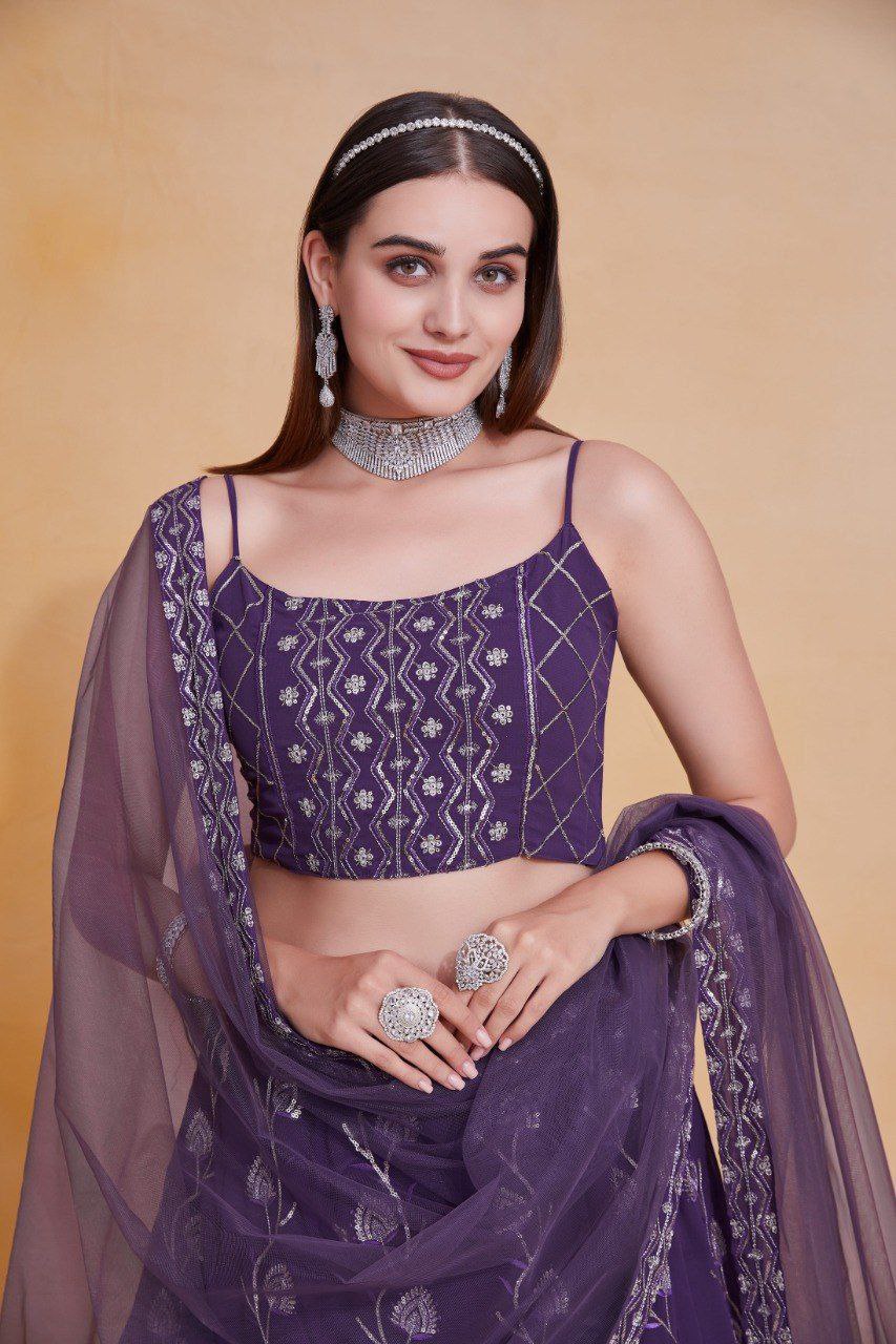 Purple Elegant Georgette Semi-Stitched Lehenga with Thread & Zari Sequins Embroidery, Unstitched Blouse, and Net Dupatta with Lace Border