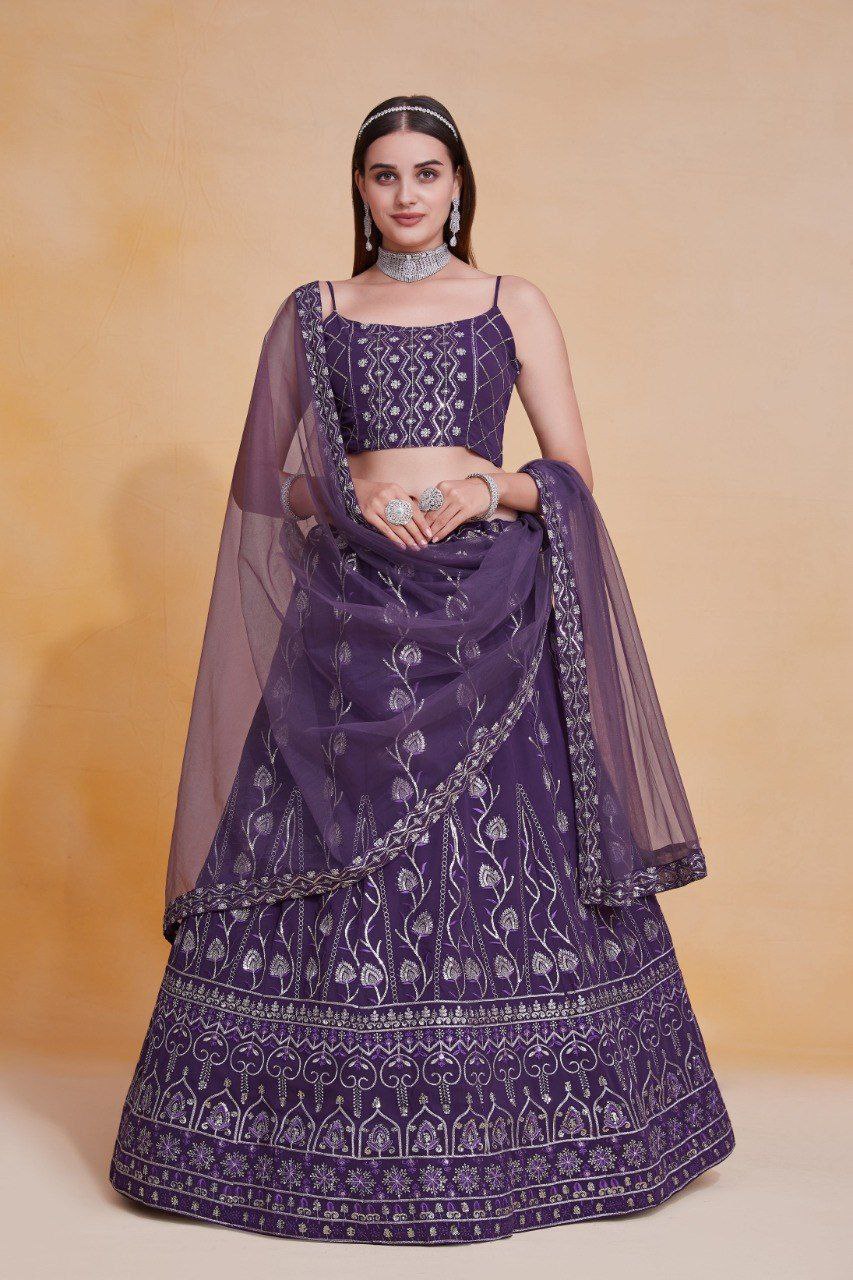 Purple Elegant Georgette Semi-Stitched Lehenga with Thread & Zari Sequins Embroidery, Unstitched Blouse, and Net Dupatta with Lace Border
