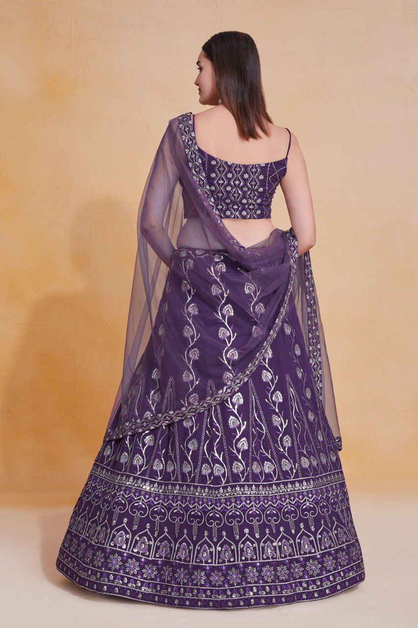 Purple Elegant Georgette Semi-Stitched Lehenga with Thread & Zari Sequins Embroidery, Unstitched Blouse, and Net Dupatta with Lace Border