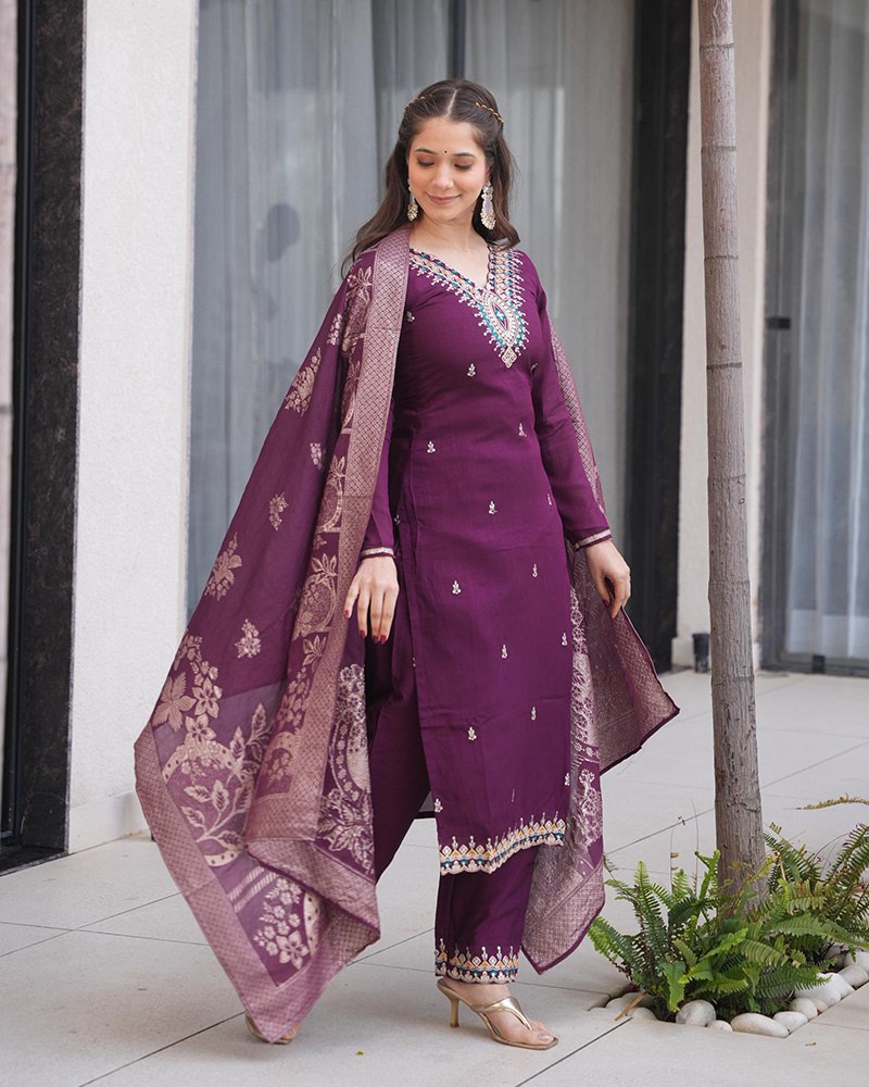 Dark Purple Embroidered Roman Silk Suit Set with Jacquard Dupatta – Zari, Sequins & Coding Work