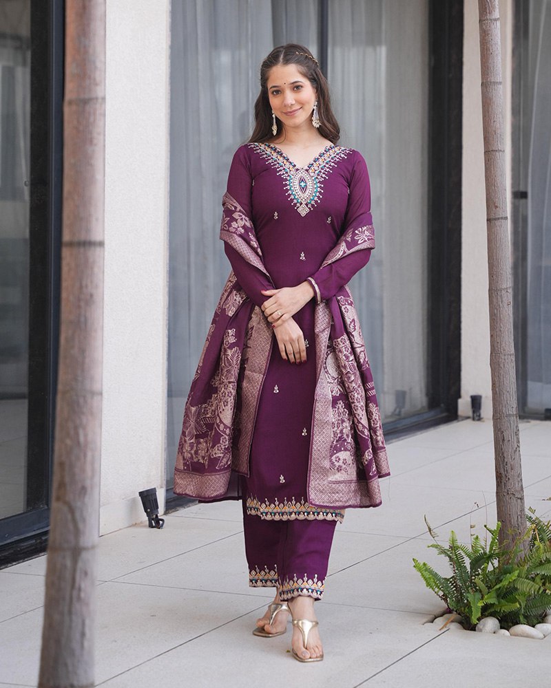 Dark Purple Embroidered Roman Silk Suit Set with Jacquard Dupatta – Zari, Sequins & Coding Work