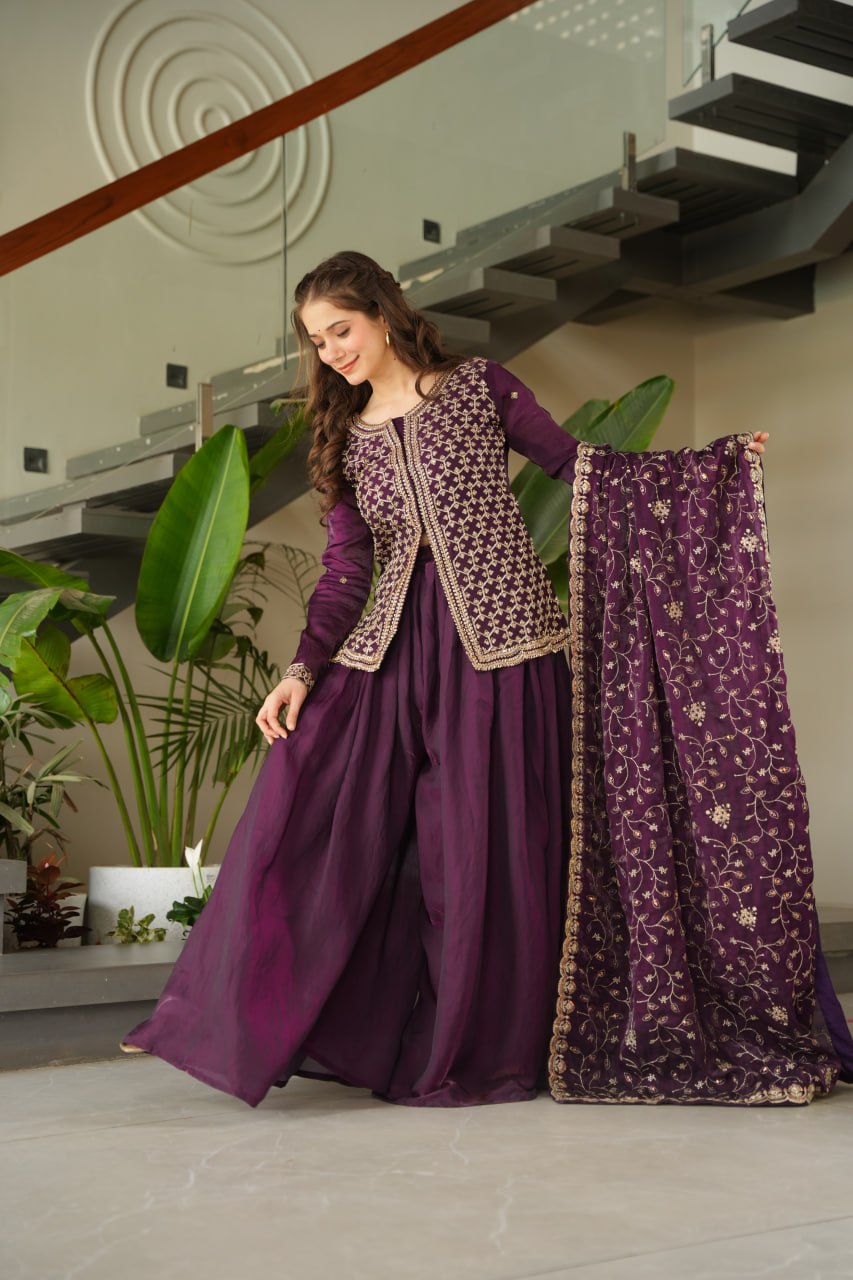 Dark Purple Fendy Fabric Embroidered Kurti Sharara Set with Sequin Zari Dupatta – Fully Lined & Stitched