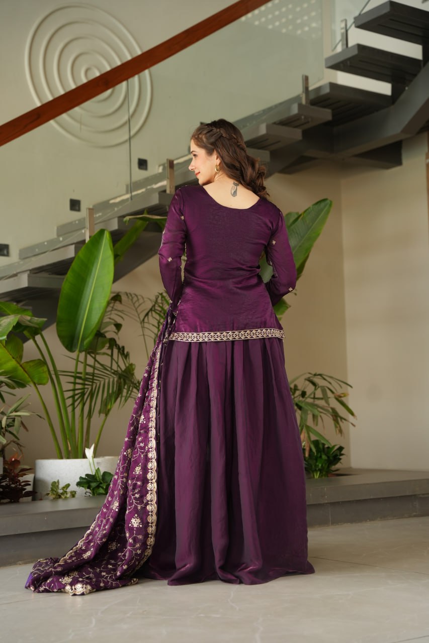 Dark Purple Fendy Fabric Embroidered Kurti Sharara Set with Sequin Zari Dupatta – Fully Lined & Stitched