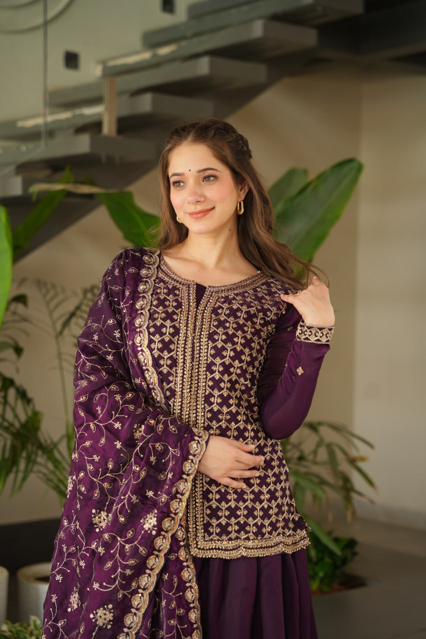 Dark Purple Fendy Fabric Embroidered Kurti Sharara Set with Sequin Zari Dupatta – Fully Lined & Stitched