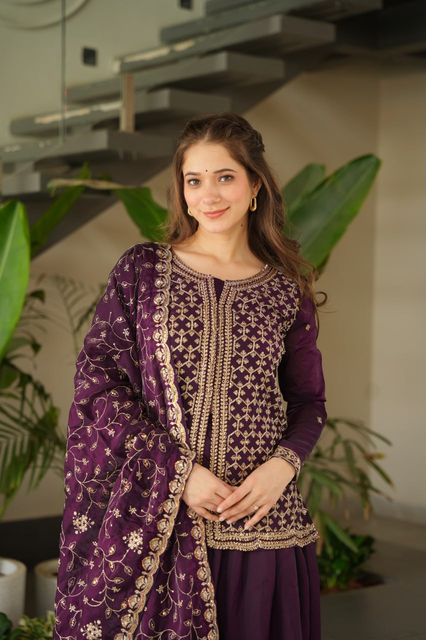 Dark Purple Fendy Fabric Embroidered Kurti Sharara Set with Sequin Zari Dupatta – Fully Lined & Stitched