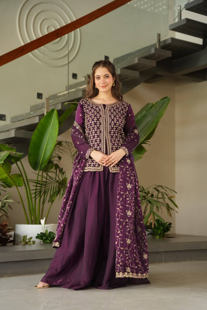 Dark Purple Fendy Fabric Embroidered Kurti Sharara Set with Sequin Zari Dupatta – Fully Lined & Stitched