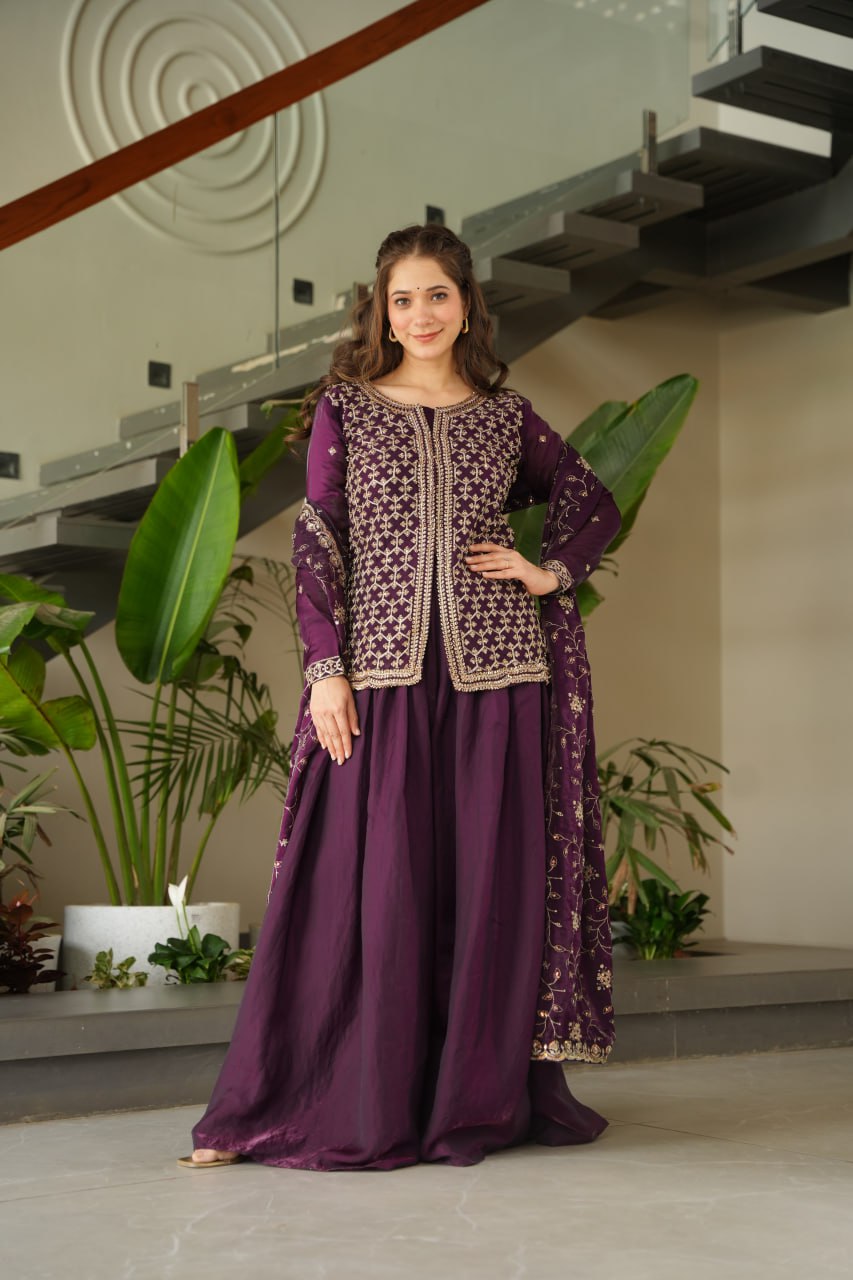 Dark Purple Fendy Fabric Embroidered Kurti Sharara Set with Sequin Zari Dupatta – Fully Lined & Stitched