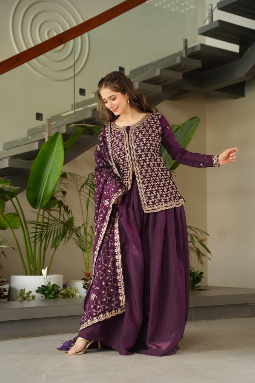 Dark Purple Fendy Fabric Embroidered Kurti Sharara Set with Sequin Zari Dupatta – Fully Lined & Stitched